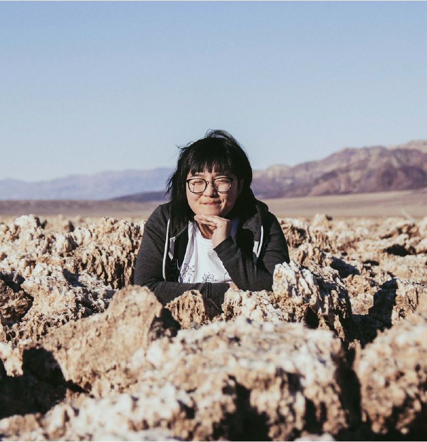 An Asian woman with black hair, glasses, white t-shirt and grey hoodie. She is crouching by rocks and smiling at the camera.