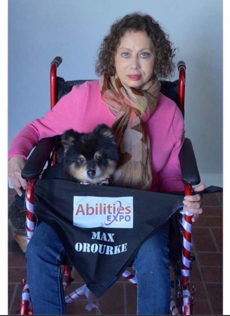 Female curly brown hair sitting in a red wheelchair wearing a pink sweater and red, tan ad grey long scarf. Donna is holding little black and tan dog named Max ORourke(Pomeranian). The Abilities Expo banana is in front of wheelchair.