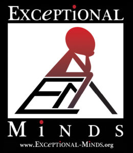 A red stick figure in the middle of a black square sits on a stylized E and M surrounded by white letters on a black background that spell the words Exceptional Minds.