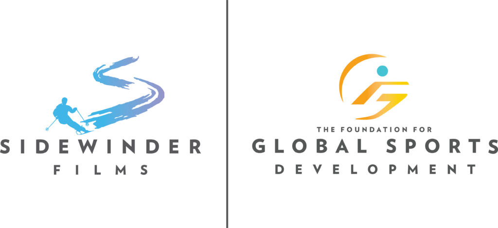 Against a black background, a blue and purple skier appears over the word Sidewinder Films next to stylized yellow G over the words Foundation for Global Sports.