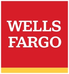 Inside a red square with a yellow ribbon across the bottom, the name Wells Fargo appears in white letters.